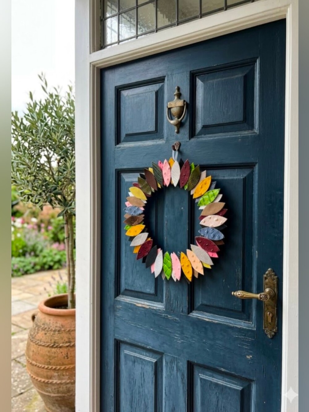 Handmade Genuine Leather Wreath Multi Color Leather Suede Leaves 10.5"